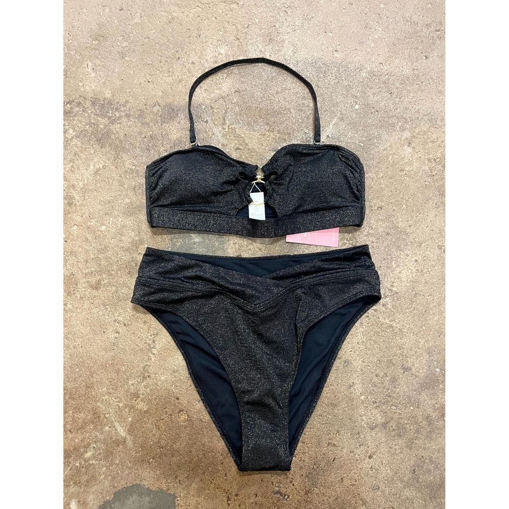Cupshe Sparkling Lurex Cheeky Bikini Bottoms Womens Medium Black Beach Wear Pool